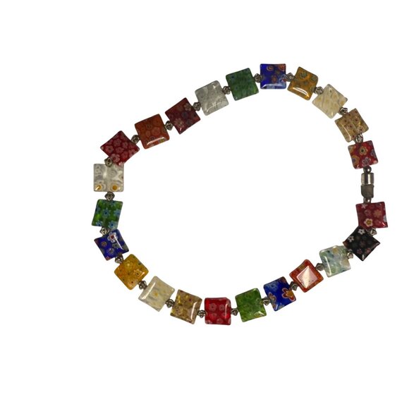 Colorful Millefiori Glass Square Flat  Bead Necklace With Silver-Tone Spacers - Picture 3 of 8